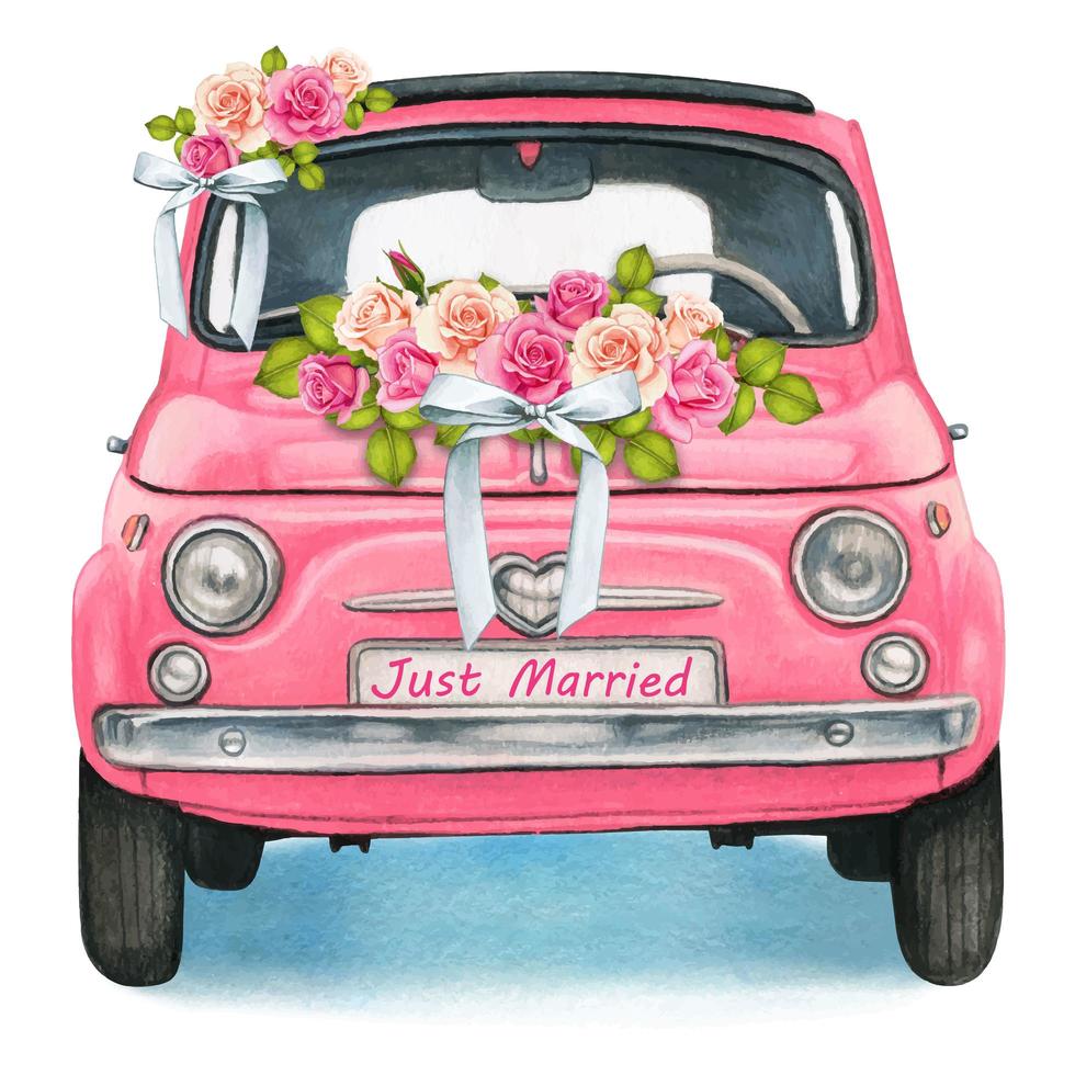 rosa Aquarell-Oldtimer mit Hochzeitsblumen vektor