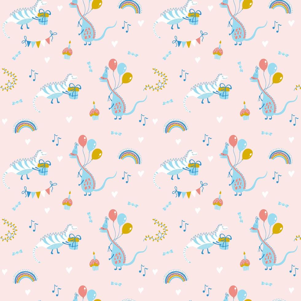 födelsedag seamless mönster med dinosaurier, presenter, ballonger, cupcakes, regnbågar. färgglad vektorillustration i enkel tecknad handritad stil för barnfödelsedagsfest, pyjamastryck, textilier, papper. vektor