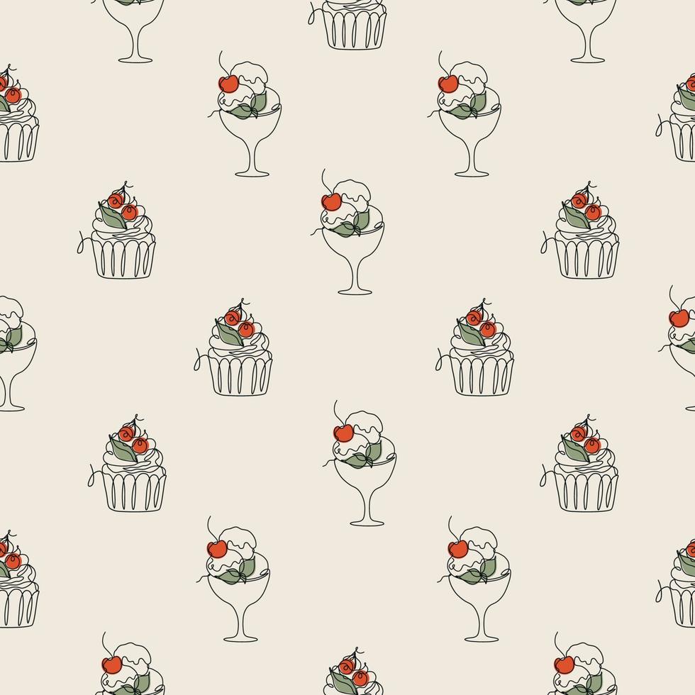 seamless mönster med linje konst stil desserter - cupcake och glass. vektor färgglada konsistens. söt minimalistisk illustration för tyg, textil, inslagning, scrapbooking.