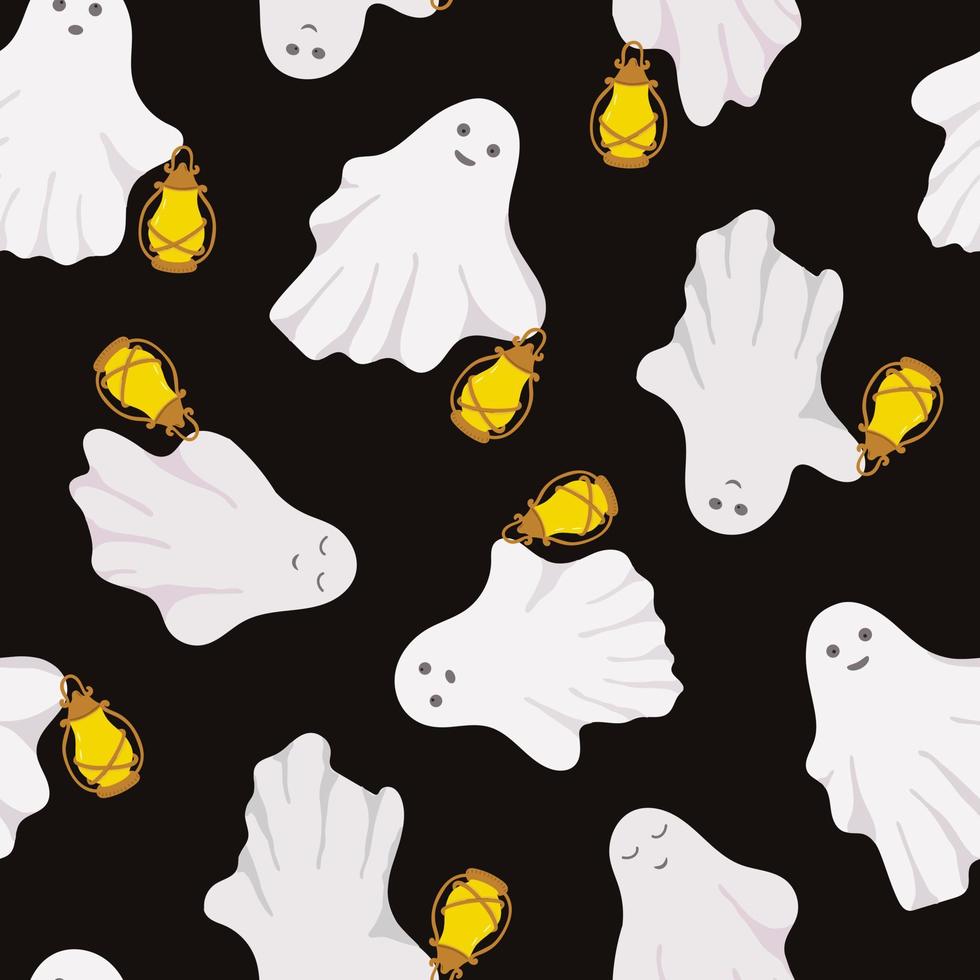 små söta vita spöken med starkt upplysta lyktor sömlösa vektorillustrationer, söta spöklika enkla flygande sagovarelser, för halloween semesterfirande textil, presentpapper vektor
