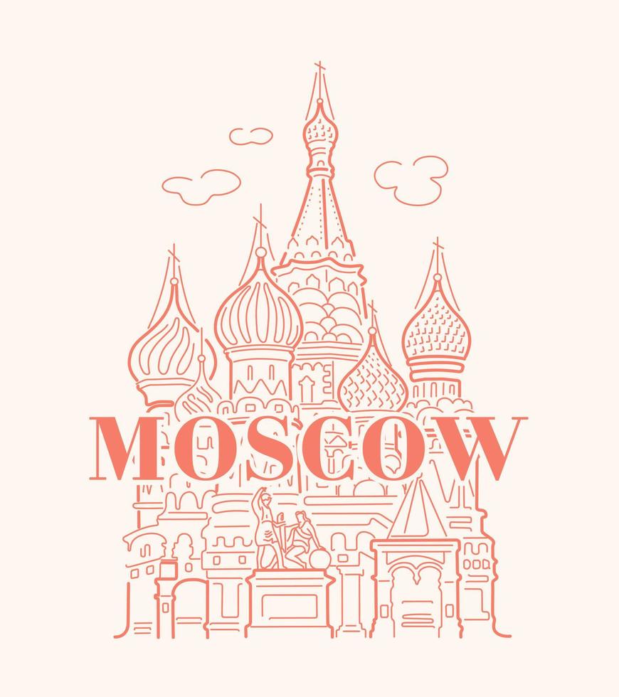 Basil's Cathedral i Moskva på röda torget. landmärke i ryssland. vektor linjär illustration på en beige bakgrund med en inskription.