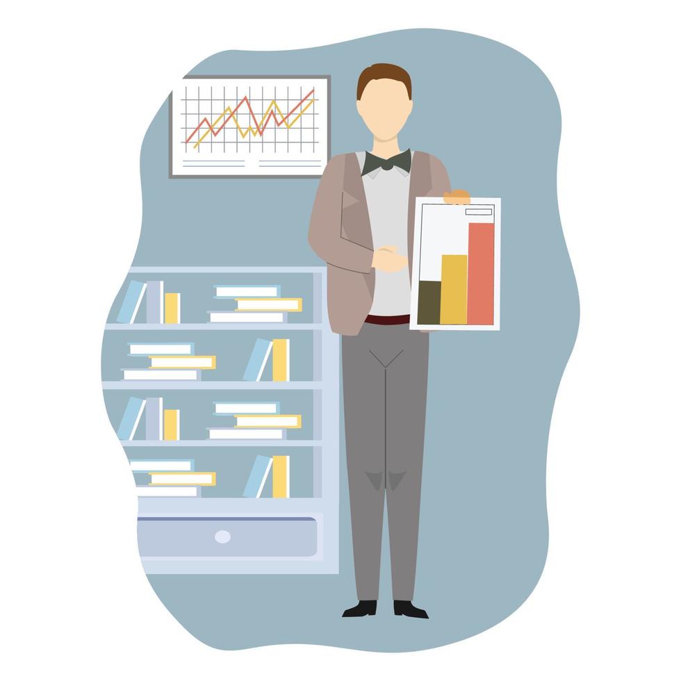 Geschäftsmann steht und hält Papier mit wachsendem Liniendiagramm. geschäftsmann, diagramm, analyse. kann für Themen wie Wirtschaft, Analytik, Finanzen verwendet werden vektor