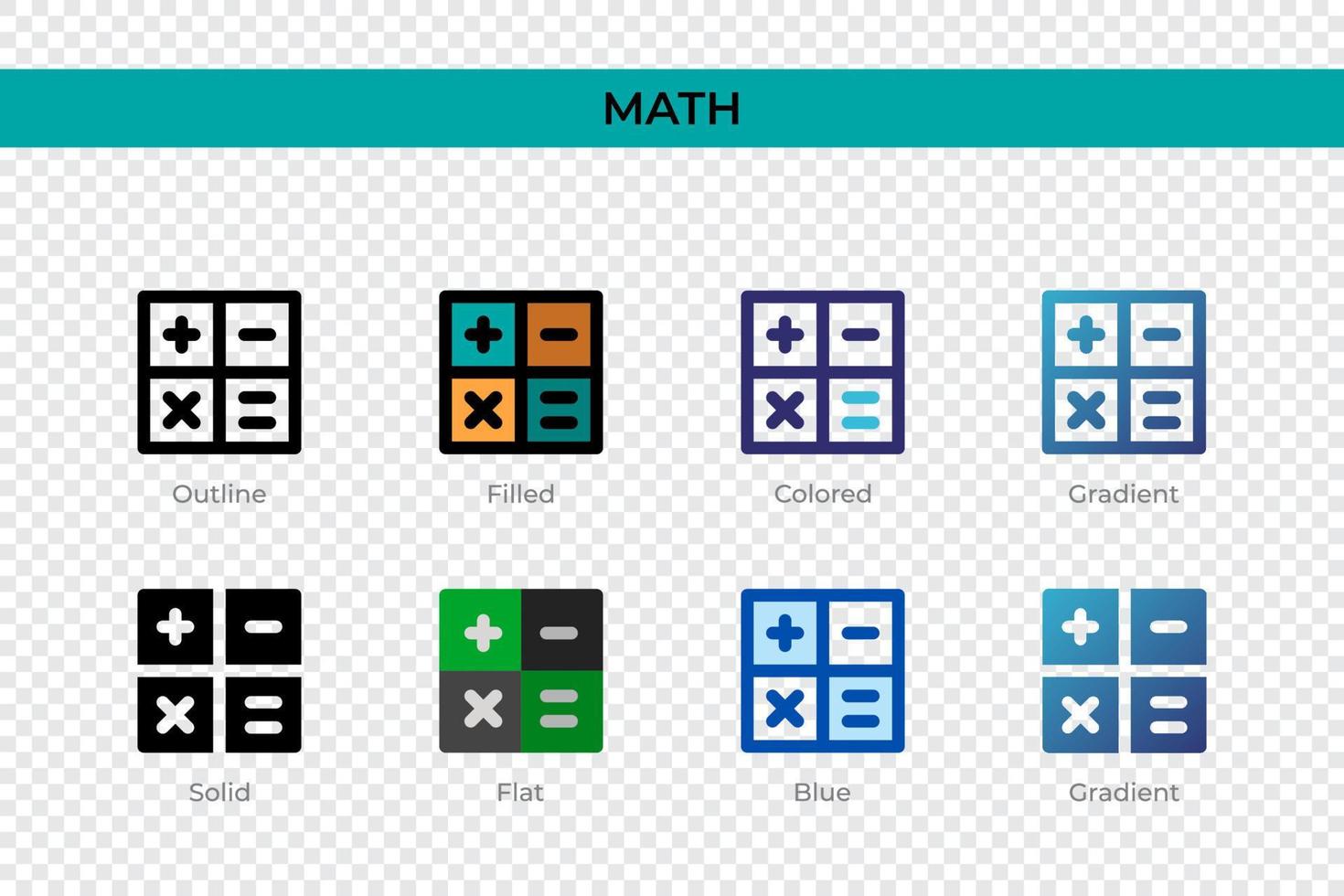 Mathe-Symbol in verschiedenen Stilen. mathematische Vektorsymbole, die in Umrissen, soliden, farbigen, gefüllten, Farbverläufen und flachen Stilen entworfen wurden. Symbol, Logoabbildung. Vektor-Illustration vektor