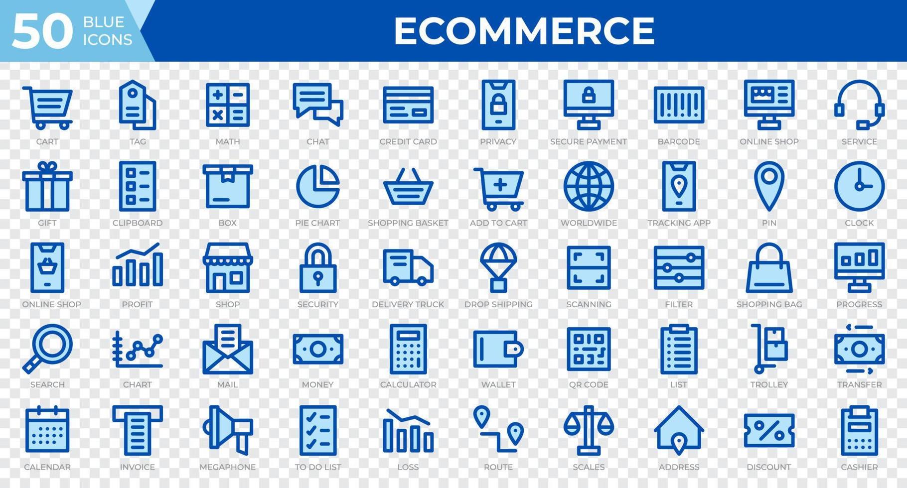 uppsättning av 50 e-handelswebbikoner i linjeblå stil. kreditkort, vinst, faktura. disposition ikoner samling. vektor illustration