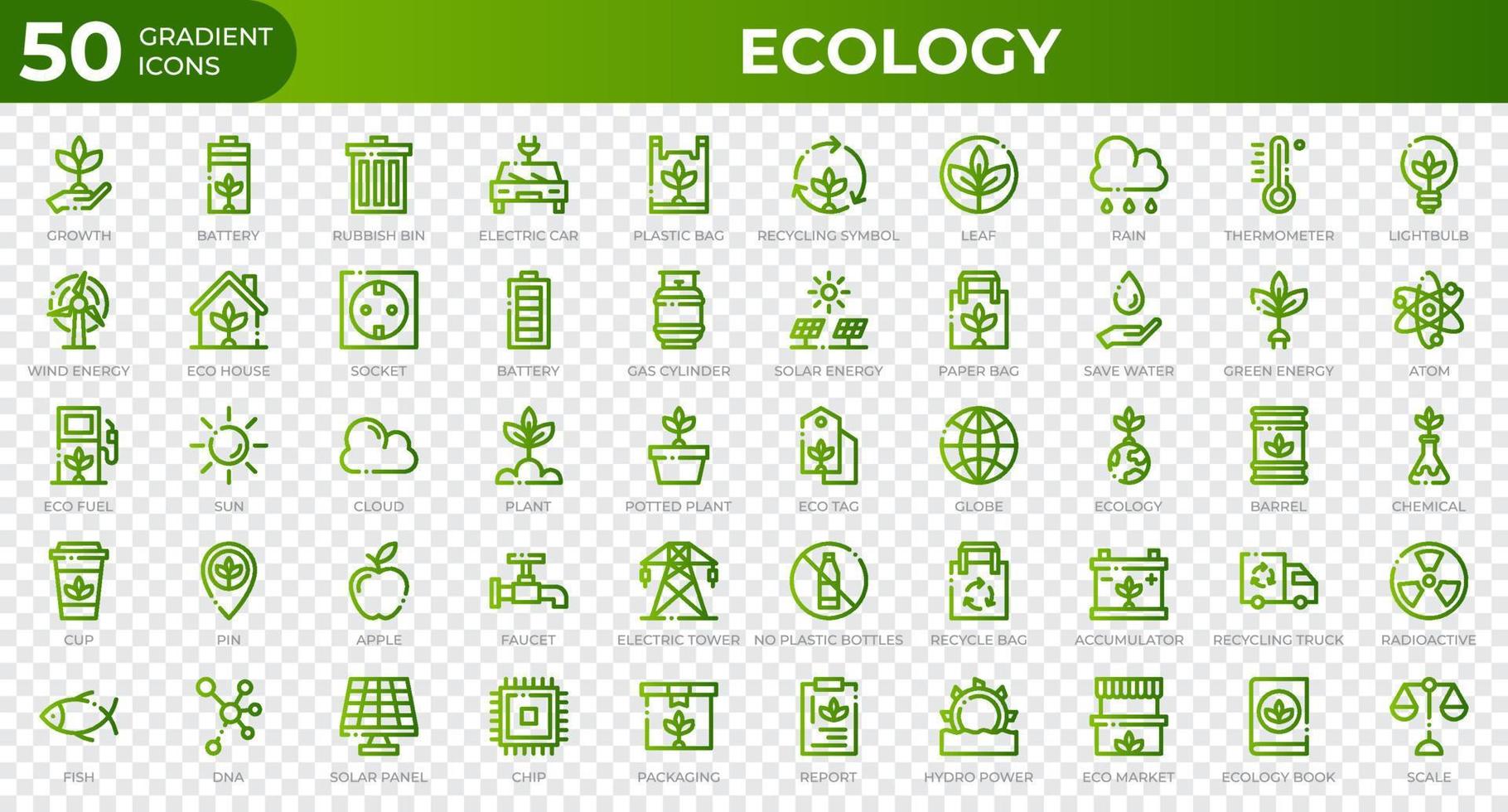 Satz von 50 Ökologie-Web-Icons im Verlaufsstil. Recycling, Biologie, erneuerbare Energien. Sammlung von Verlaufssymbolen. Vektor-Illustration vektor