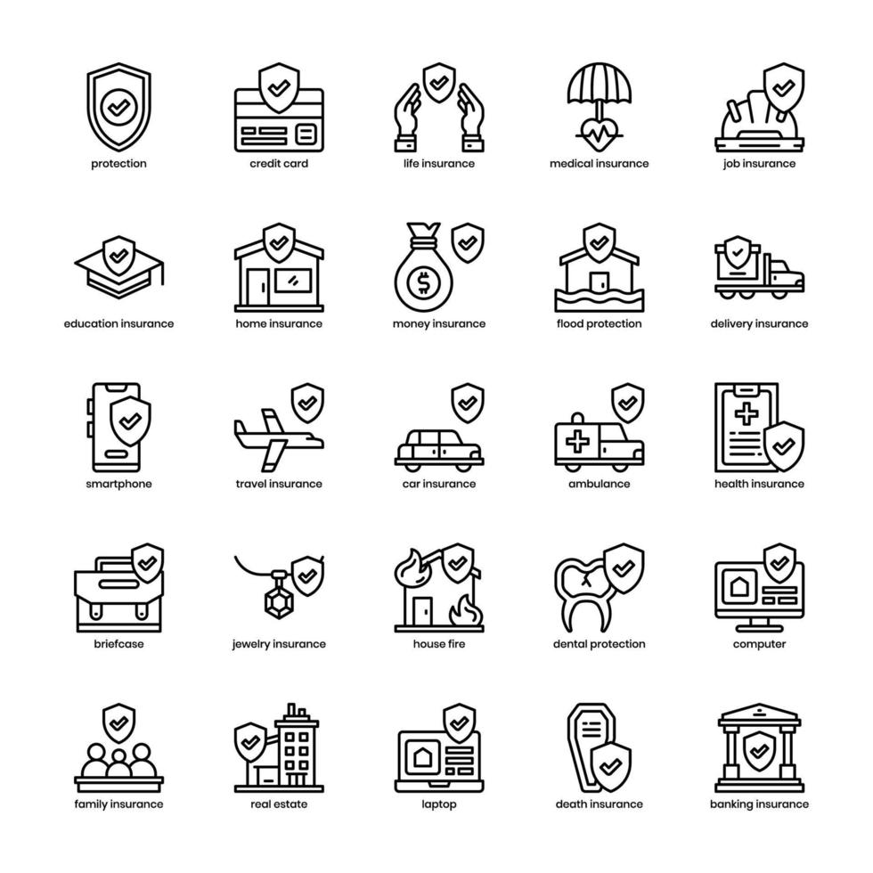 Versicherungs-Icon-Pack für Ihr Website-Design, Logo, App, ui. Entwurf des Versicherungssymbols. Vektorgrafik-Illustration und editierbarer Strich. vektor