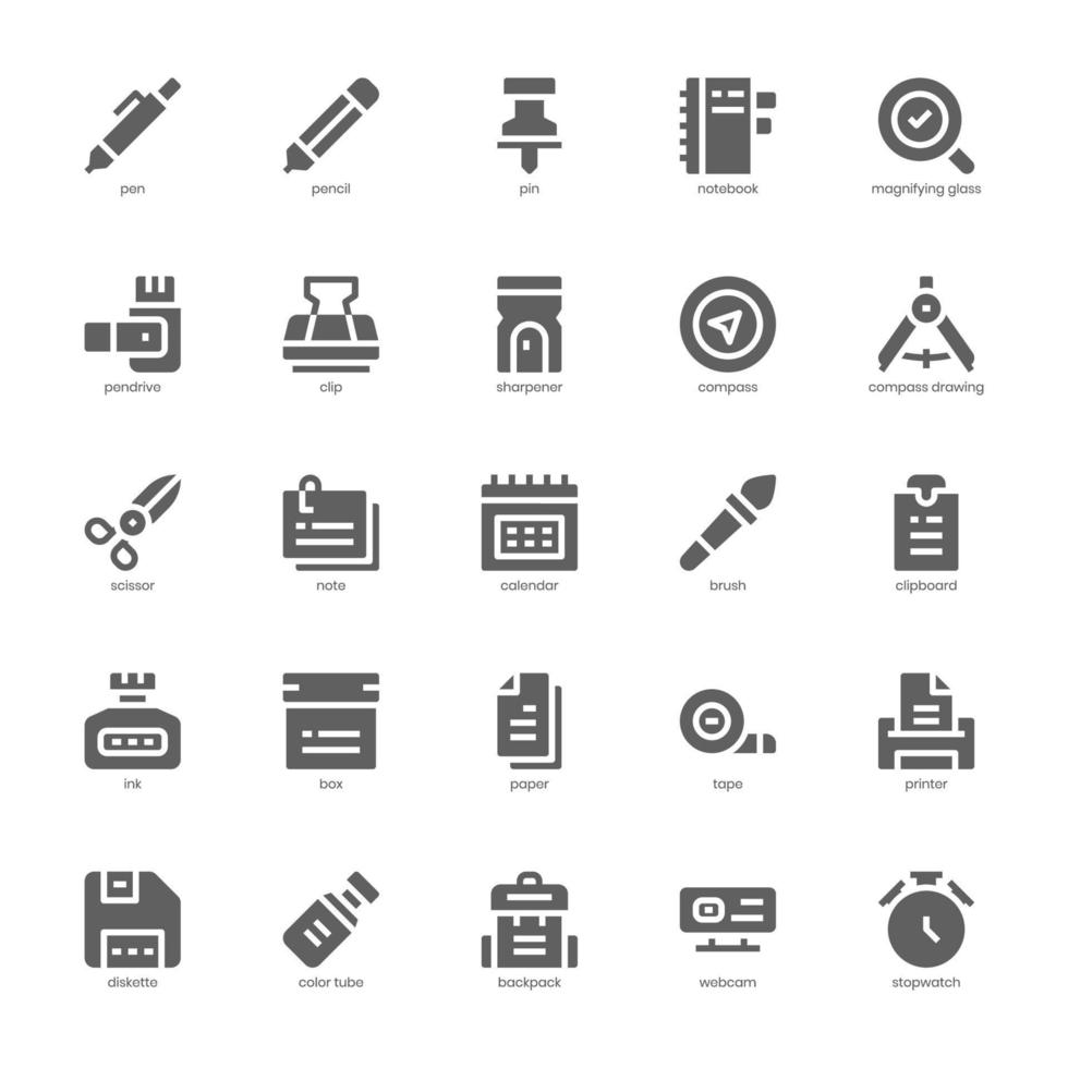 Briefpapier-Icon-Pack für Ihre Website, Ihr Handy, Ihre Präsentation und Ihr Logo-Design. Schreibwaren-Icon-Glyphen-Design. Vektorgrafik-Illustration und editierbarer Strich. vektor