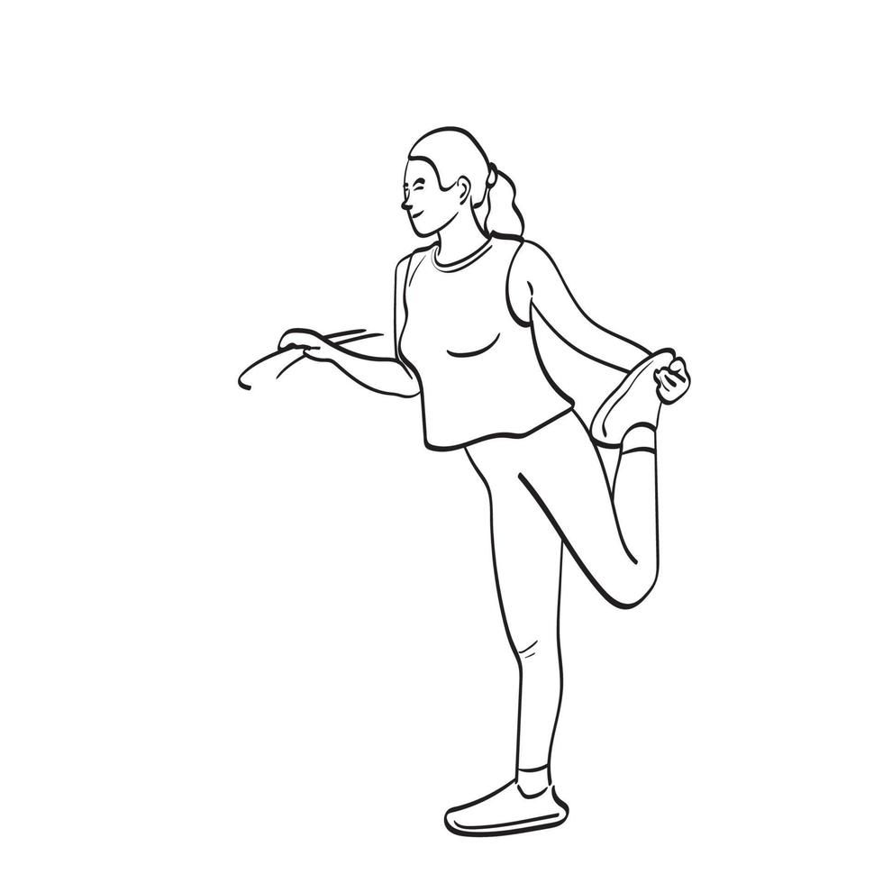 In voller Länge von der jungen Läuferin, die sich aufwärmt, bevor sie Illustrationsvektorhand gezeichnet wird, die auf weißer Hintergrundlinie Kunst lokalisiert wird. vektor