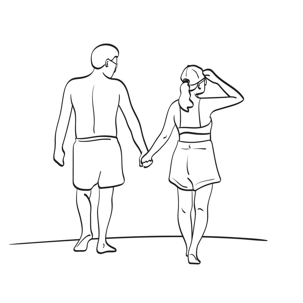 Linie Kunst Rückansicht des Paares Händchen haltend und am Strand spazieren gehen Illustration Vektor handgezeichnet isoliert auf weißem Hintergrund