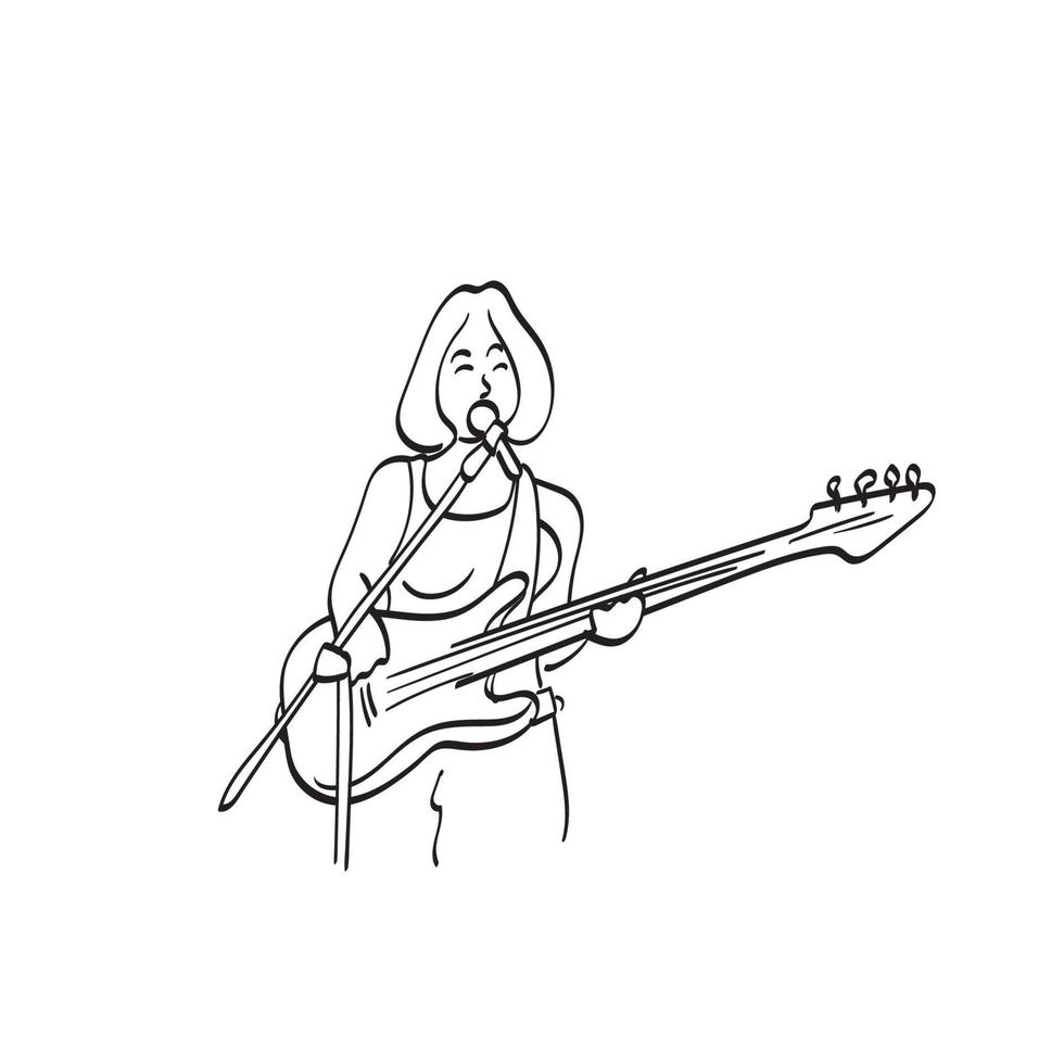 Sängerin mit E-Bass-Gitarre und Mikrofon Illustration Vektor handgezeichnet isoliert auf weißem Hintergrund Strichzeichnungen.