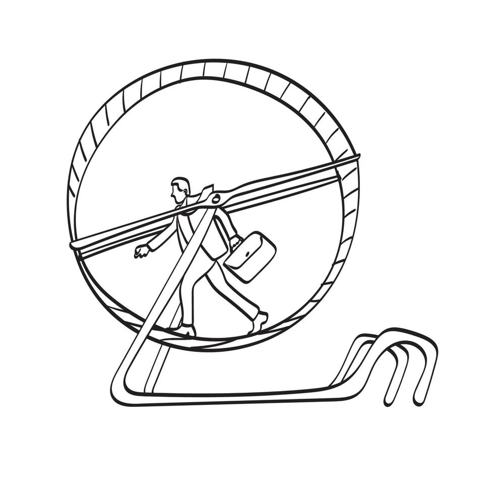 Strichzeichnungen Geschäftsmann zu Fuß auf Hamsterrad Illustration Vektor handgezeichnet isoliert auf weißem Hintergrund