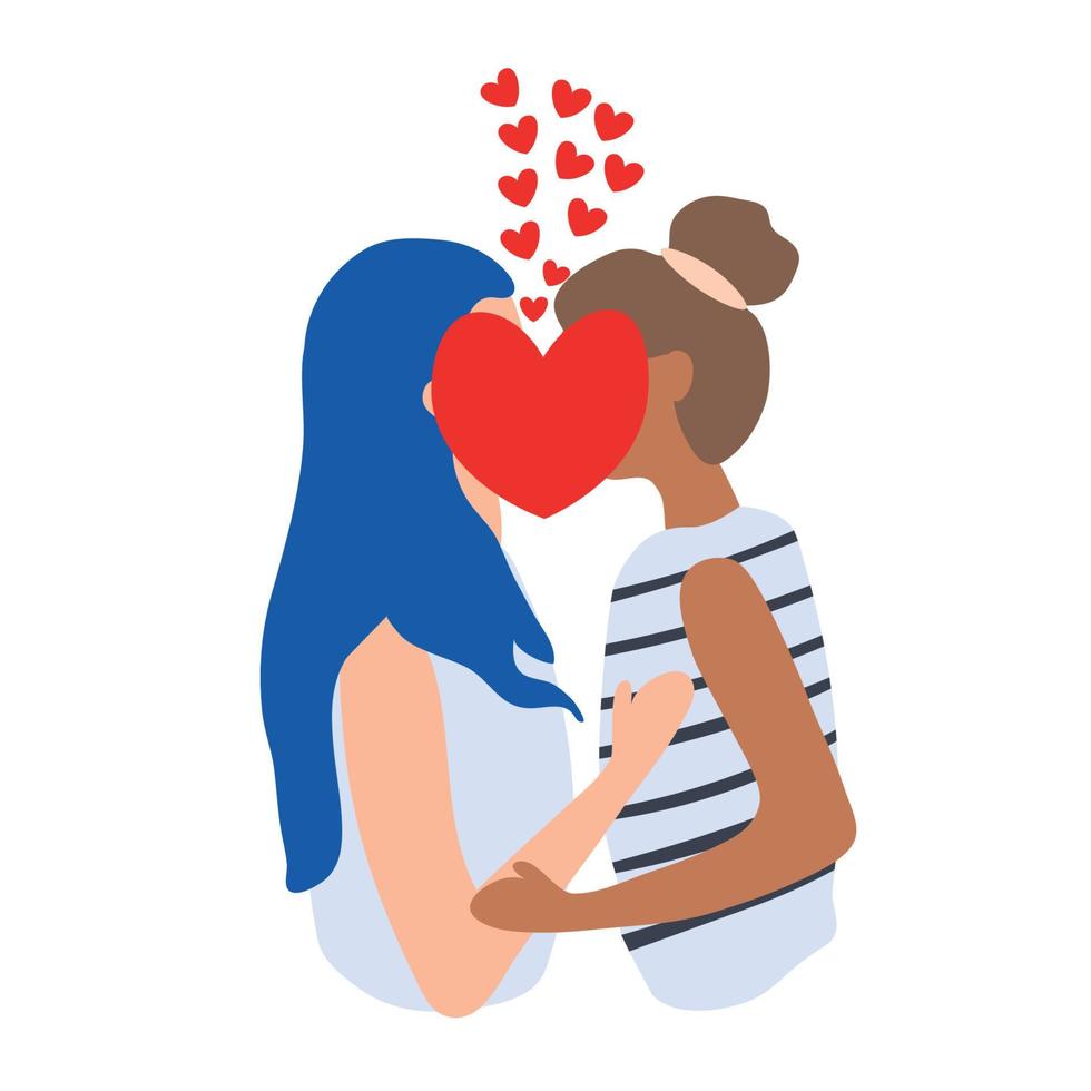 Zwei Mädchen küssen sich. Lesben. Monat des Stolzes. Frau mit langen blauen Haaren und Haarlocke. Vektor-Illustration isoliert auf weißem Hintergrund. vektor
