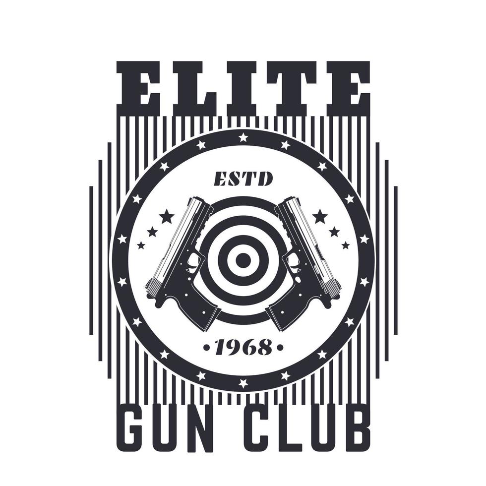 gun club vintage emblem, tryck med pistoler och mål över vita vektor