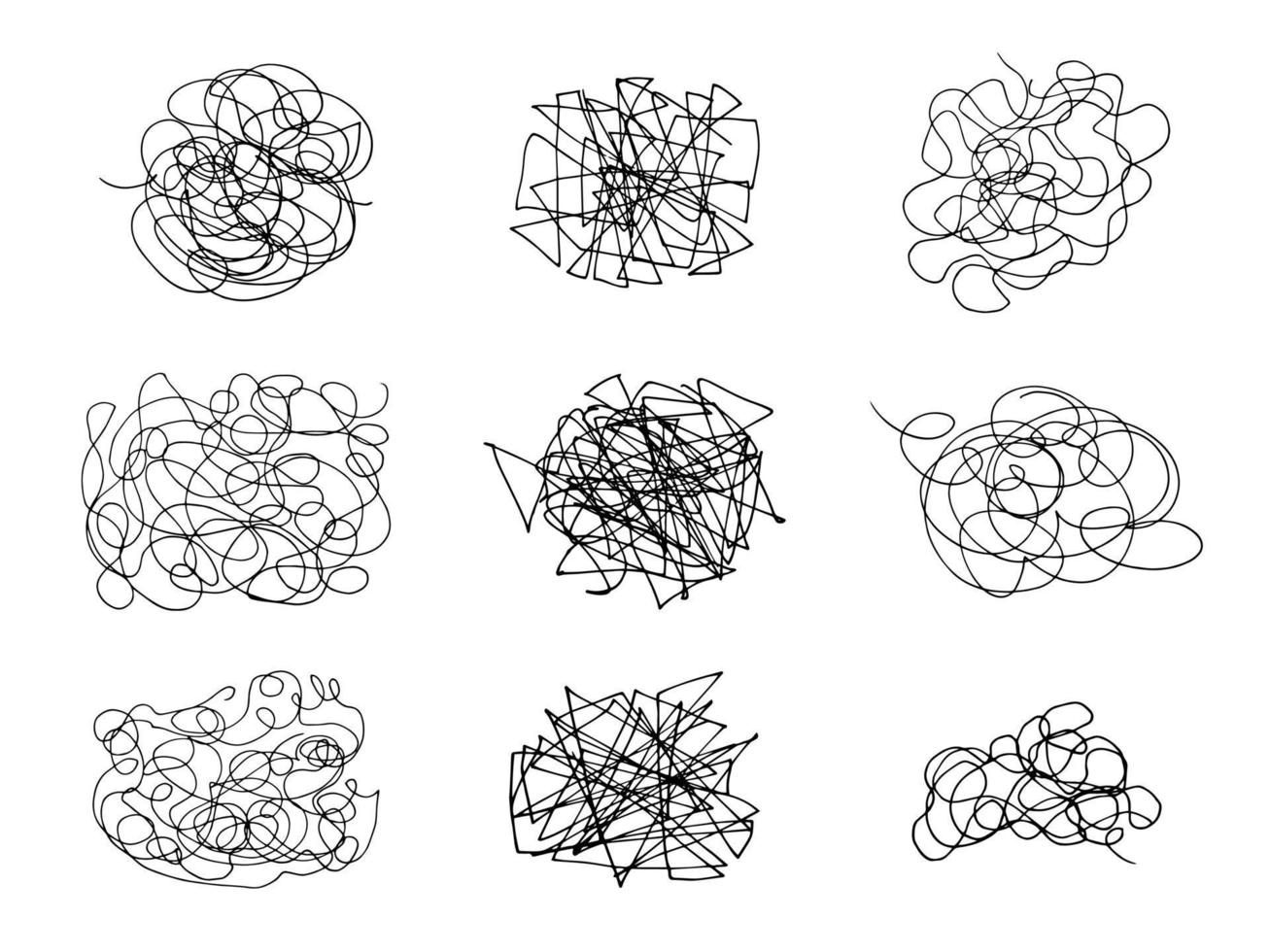 handritad doodle set med abstrakta trassliga klotter. vektor slumpmässiga kaotiska linjer. klottrar samling.