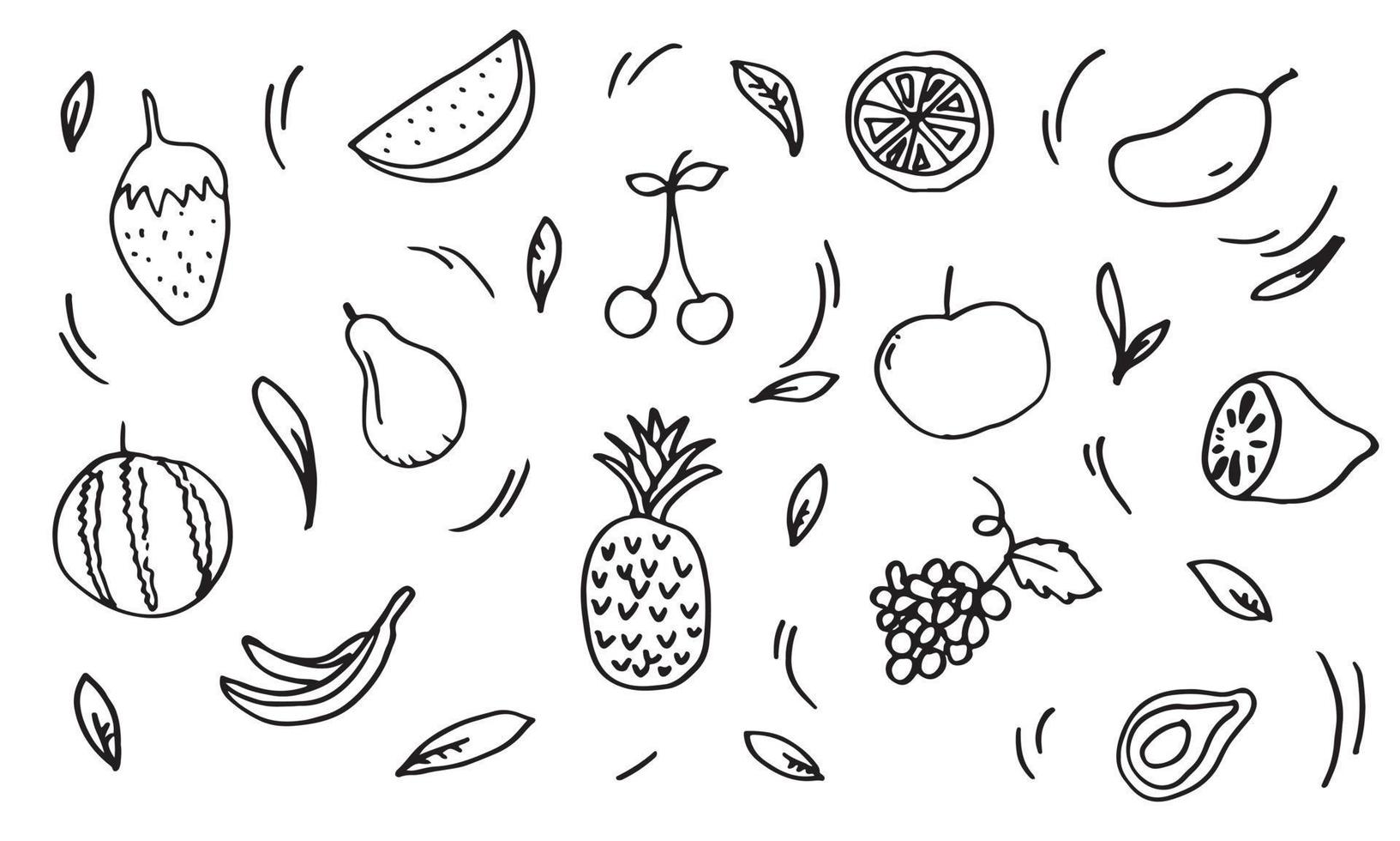 Gekritzel-Fruchtsatz. handzeichnung von früchten in verschiedenen stilen. vektor