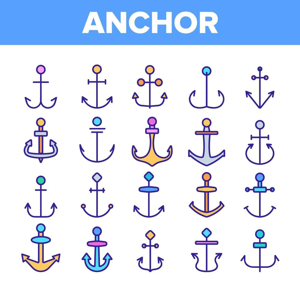 ankare, fartygsutrustning vektor linjära ikoner set