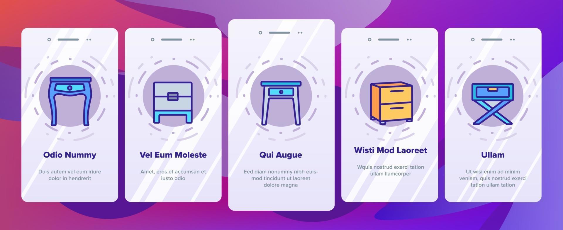 nachttischmöbel onboarding icons set vektor