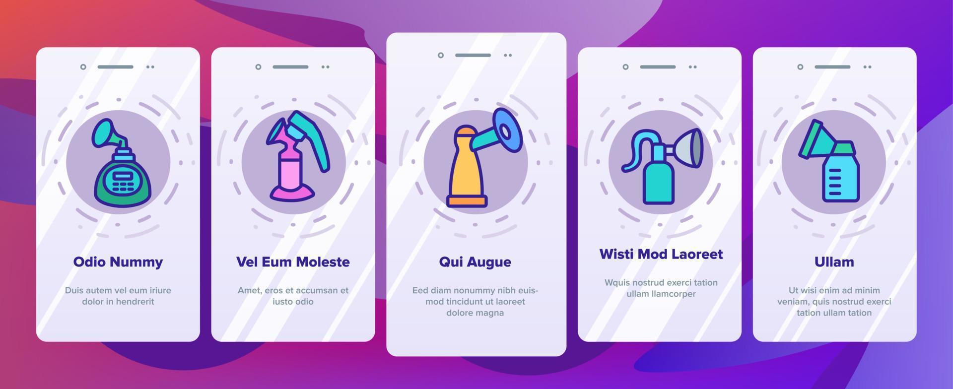 Onboarding-Symbole für Brustpumpengeräte setzen Vektor