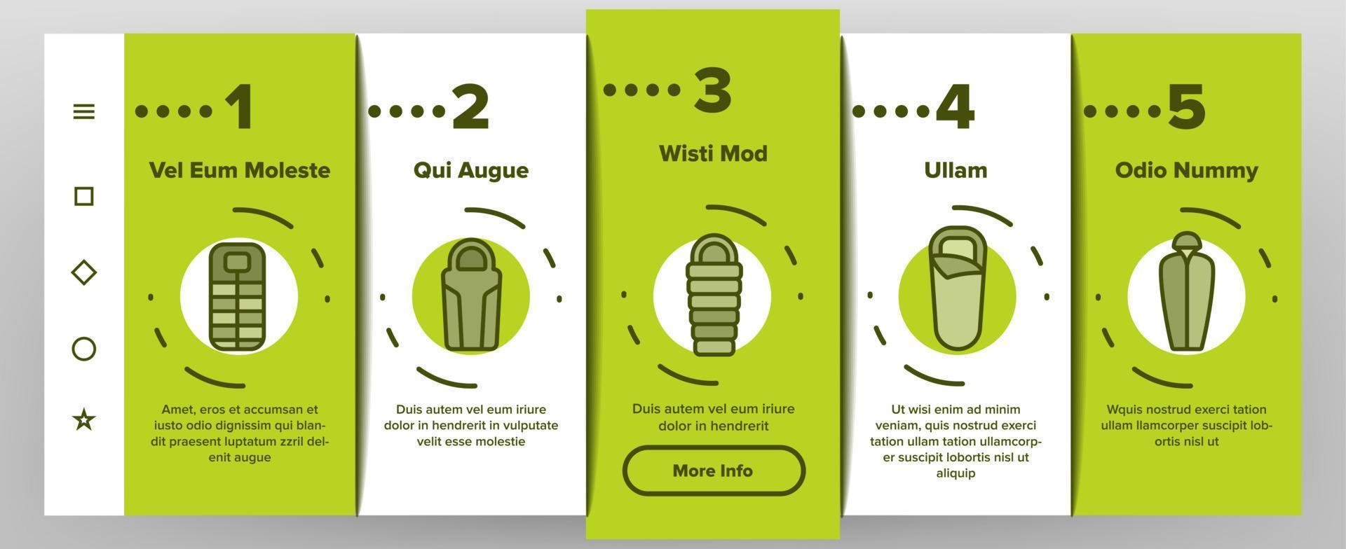 Onboarding-Symbole für Schlafsackzubehör setzen Vektor