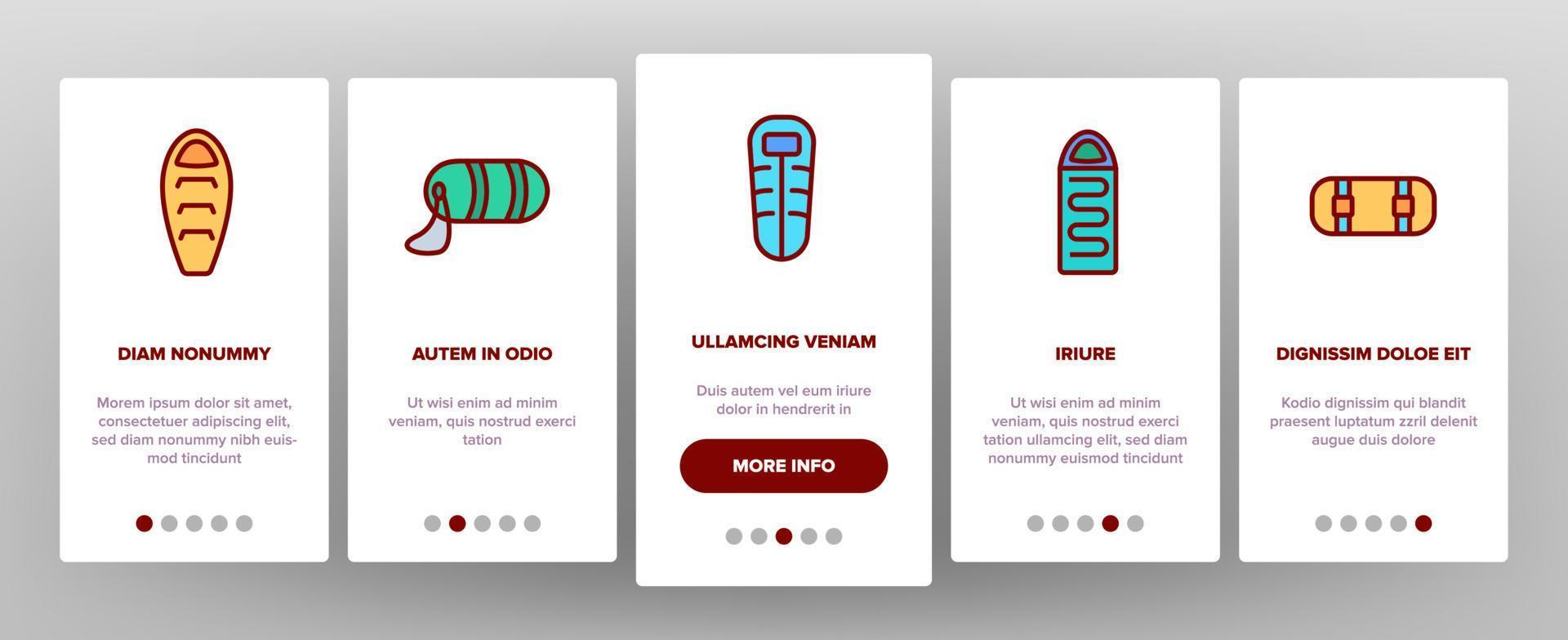 Onboarding-Symbole für Schlafsackzubehör setzen Vektor