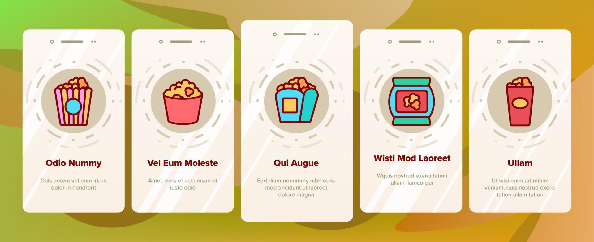 popcorn välsmakande mellanmål onboarding ikoner som vektor