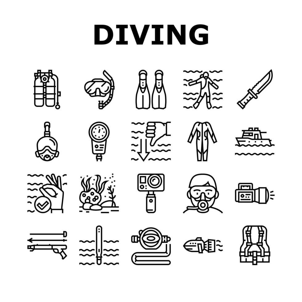 dykning scuba utrustning samling ikoner set vektor
