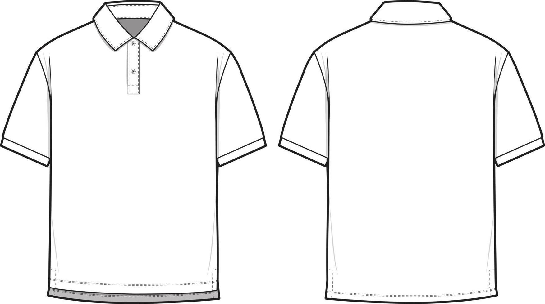 Poloshirt mit kurzen Ärmeln und Kragen, flache technische Zeichnung, Illustration, leere Mock-up-Vorlage für Design- und Tech-Packs, technische CAD-Skizze vektor