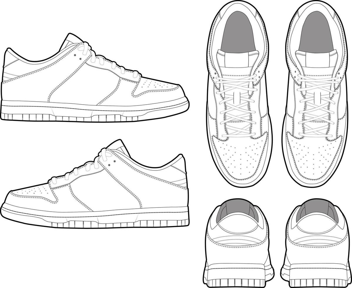 låg topp sneaker teknisk illustration ritning vektor mode mall mockup tom cad skiss för tekniska förpackningar