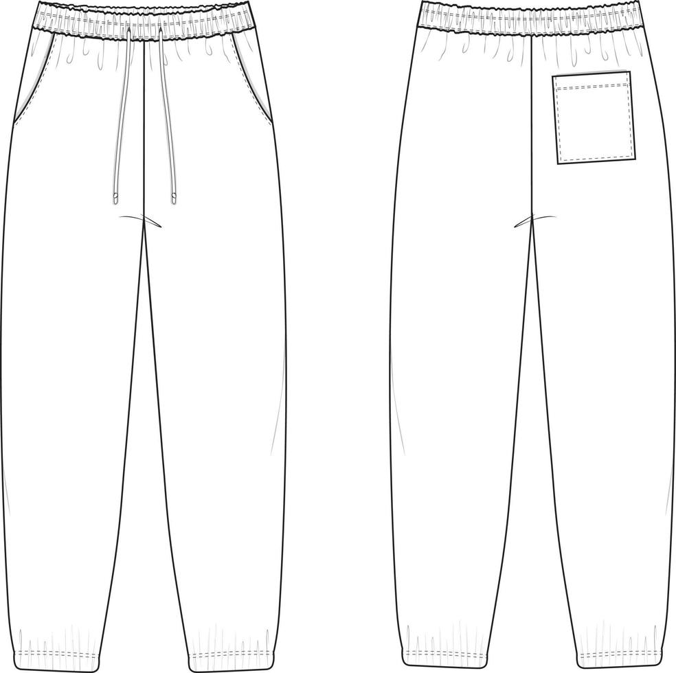manschette jogginghose flach technische zeichnung illustration klassische leere streetwear mock-up-vorlage mit fünf taschen für design tech packs cad joggers vektor