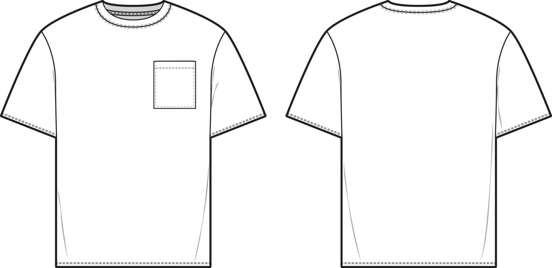 pocket t-shirt platt teknisk ritning cad illustration kortärmad blank streetwear mock-up mall för design och teknikpaket vektor