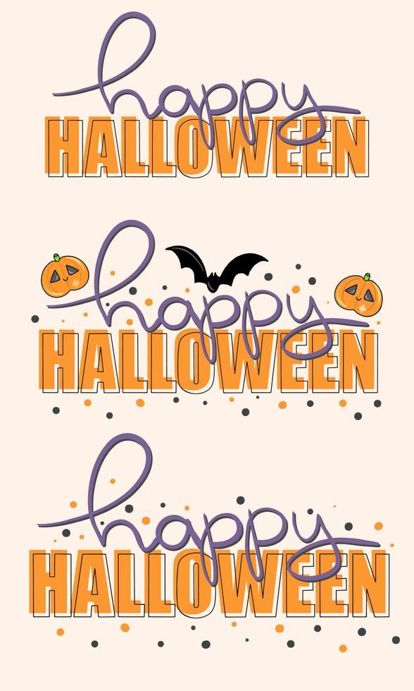 Vektor-Set von fröhlichen Halloween-Schriftzügen mit fliegenden Fledermäusen und Kürbis. süße Phrase für Drucke, Etiketten, Schilder, Aufkleber vektor