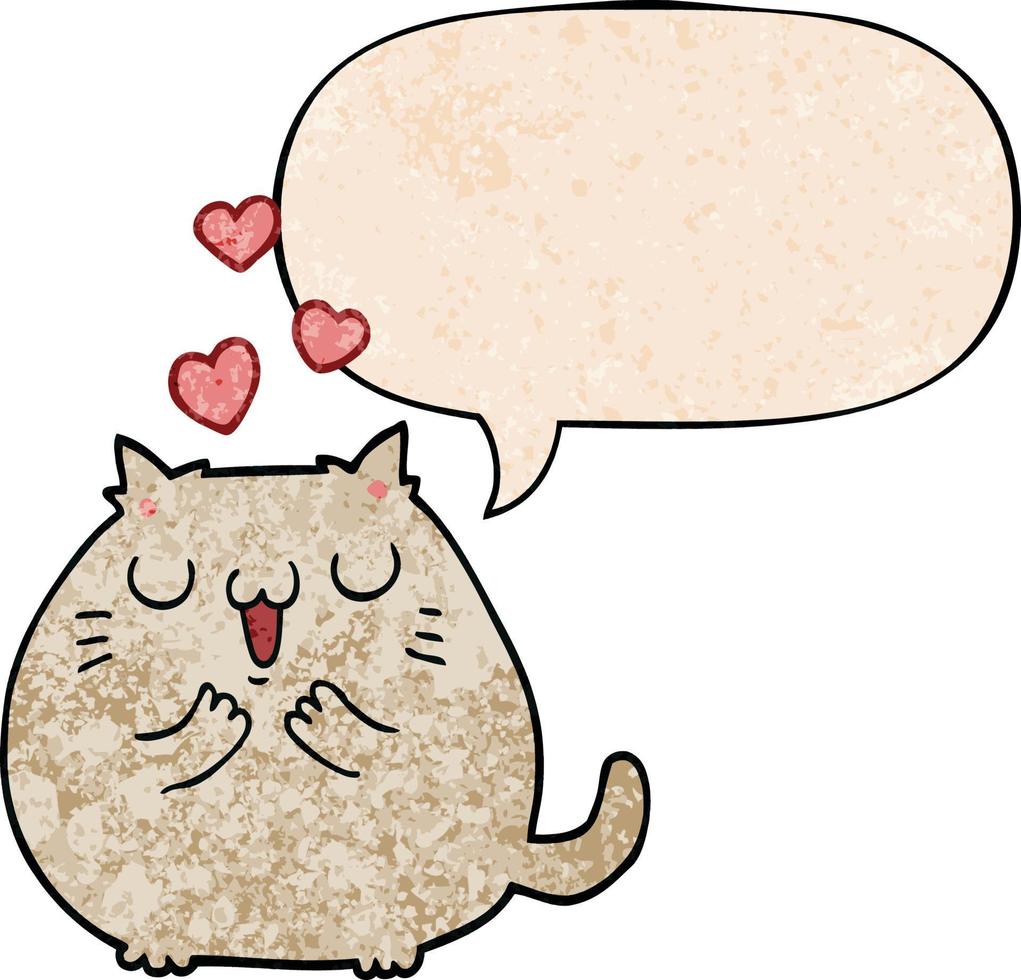 süße Cartoon-Katze in Liebe und Sprechblase im Retro-Textur-Stil vektor