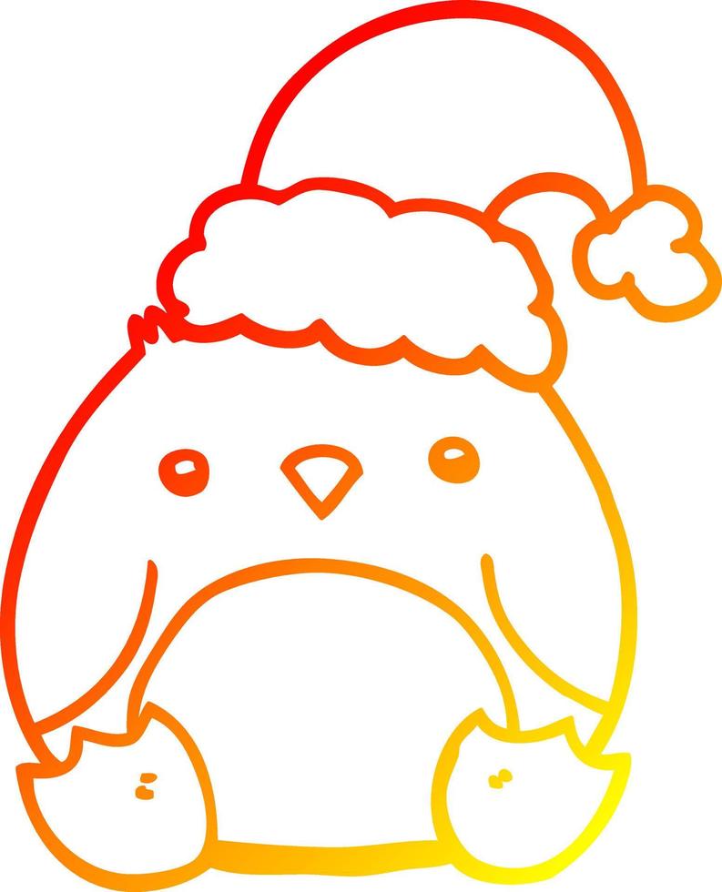 Warme Gradientenlinie zeichnet niedlichen Cartoon-Pinguin mit Weihnachtsmütze vektor