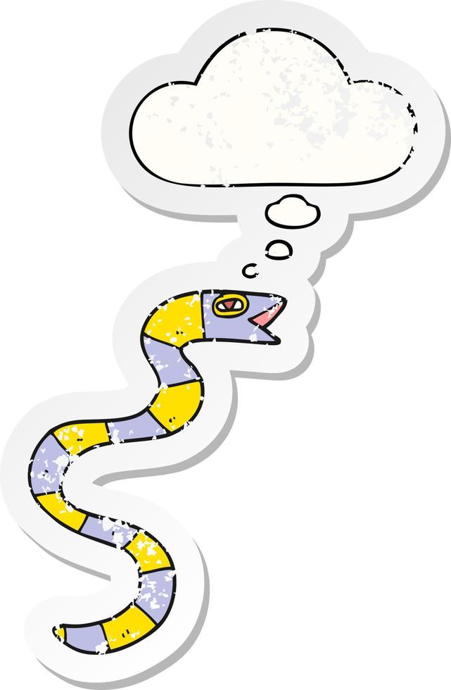tecknad orm och tankebubbla som ett bekymrat slitet klistermärke vektor