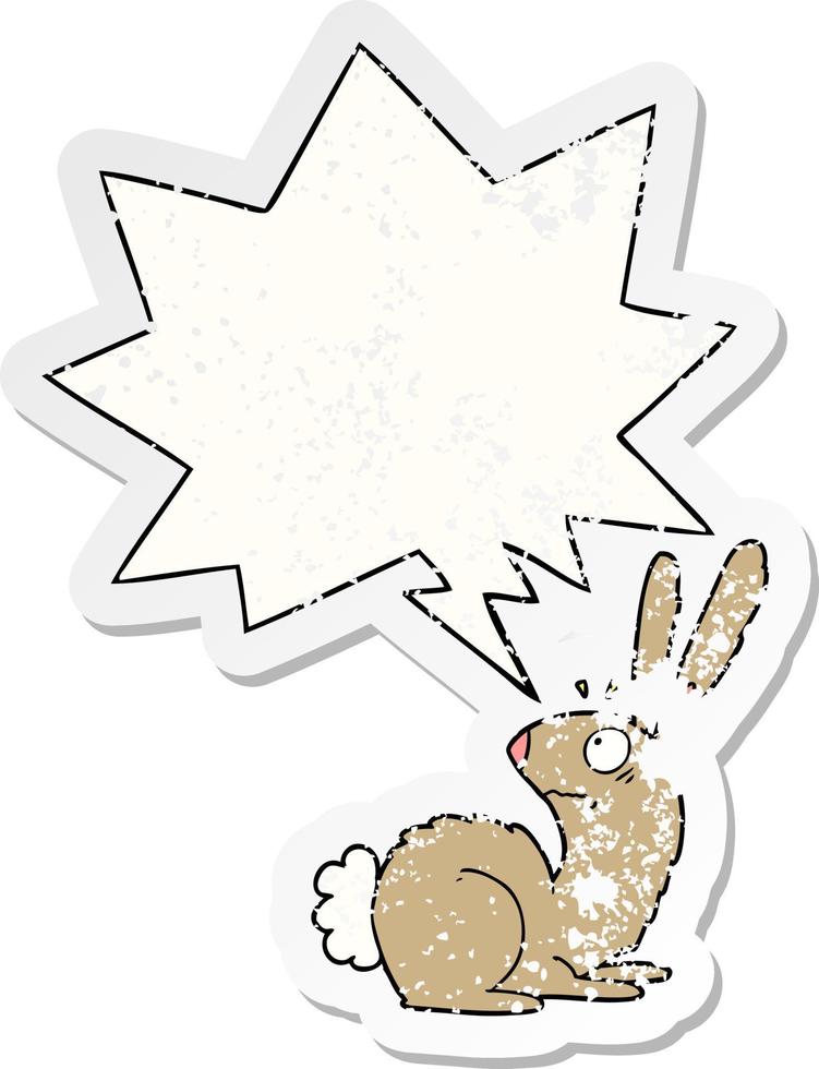 tecknad skrämd kanin kanin och pratbubbla nödställda klistermärke vektor