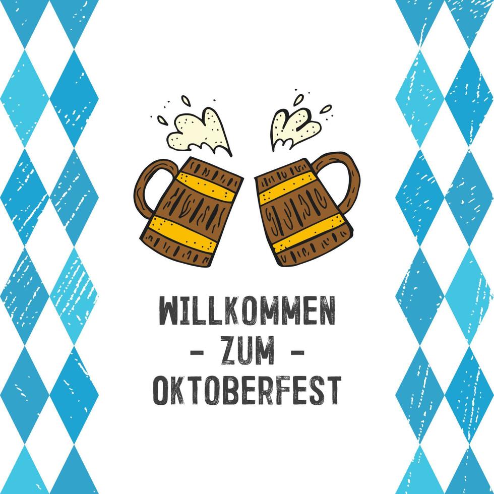 oktoberfest 2022 - bierfest. handgezeichnete Doodle-Elemente. deutscher traditioneller feiertag. Holzkrug Bier auf weißem Hintergrund mit blauen Rauten und Schriftzug. vektor