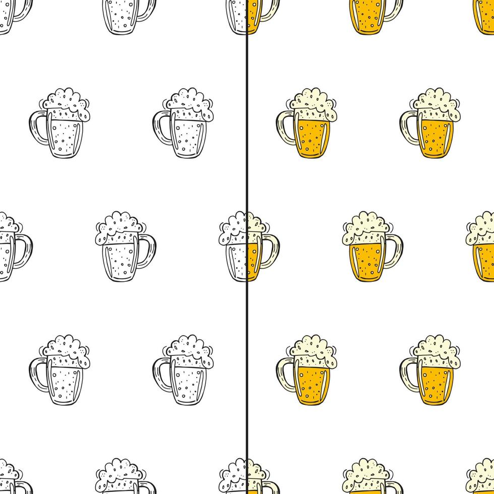 oktoberfest 2022 - ölfestival. handritade doodle element. sömlösa mönster. tysk traditionell semester. färgade kontur öl muggar med skum på en vit bakgrund. vektor
