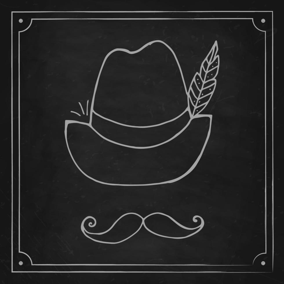 oktoberfest 2022 - ölfestival. handritad doodle hatt med en fjäder och mustasch på en svart tavla. tysk traditionell semester. vektor
