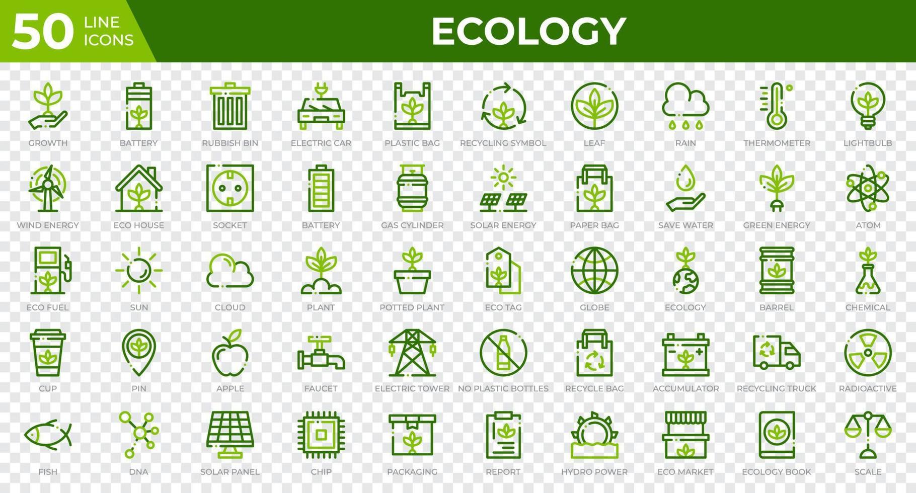 uppsättning av 50 ekologi web ikoner i färgad linje stil. återvinning, biologi, förnybar energi. färgad kontur ikoner samling. vektor illustration