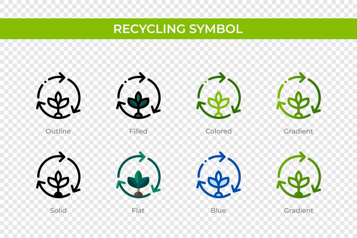 Recycling-Symbol-Symbol in verschiedenen Stilen. Recycling-Symbol-Vektorsymbole, die in Umrissen, soliden, farbigen, gefüllten, Farbverläufen und flachen Stilen entworfen wurden. Symbol, Logoabbildung. Vektor-Illustration vektor