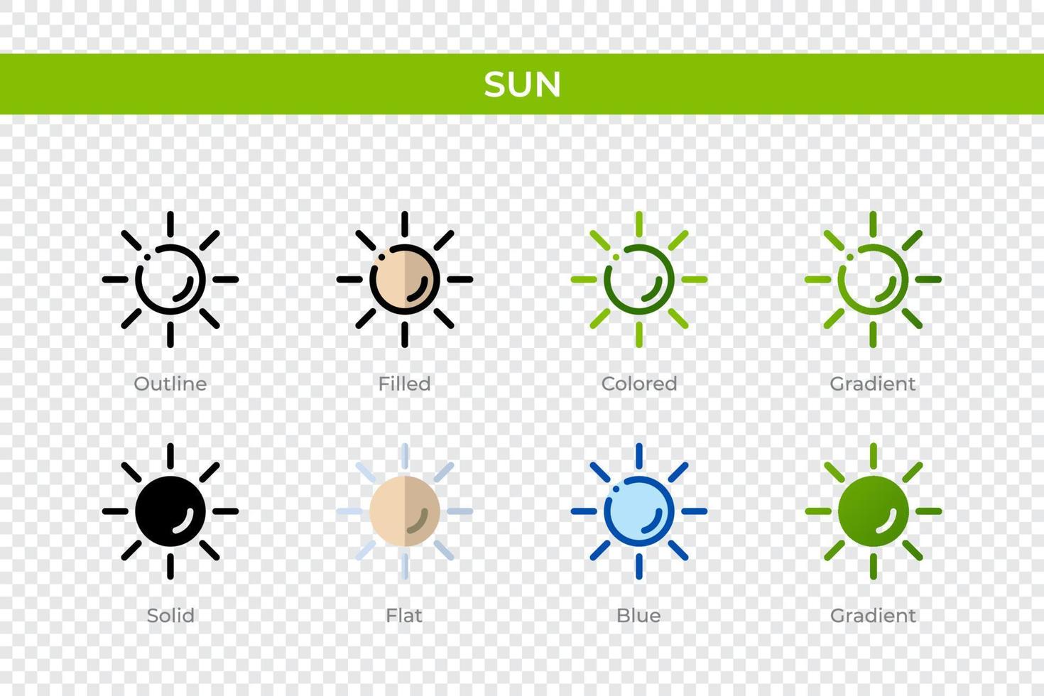 Sonnensymbol in verschiedenen Stilen. Sonnenvektorsymbole in Umrissen, soliden, farbigen, gefüllten, Farbverläufen und flachen Stilen. Symbol, Logoabbildung. Vektor-Illustration vektor