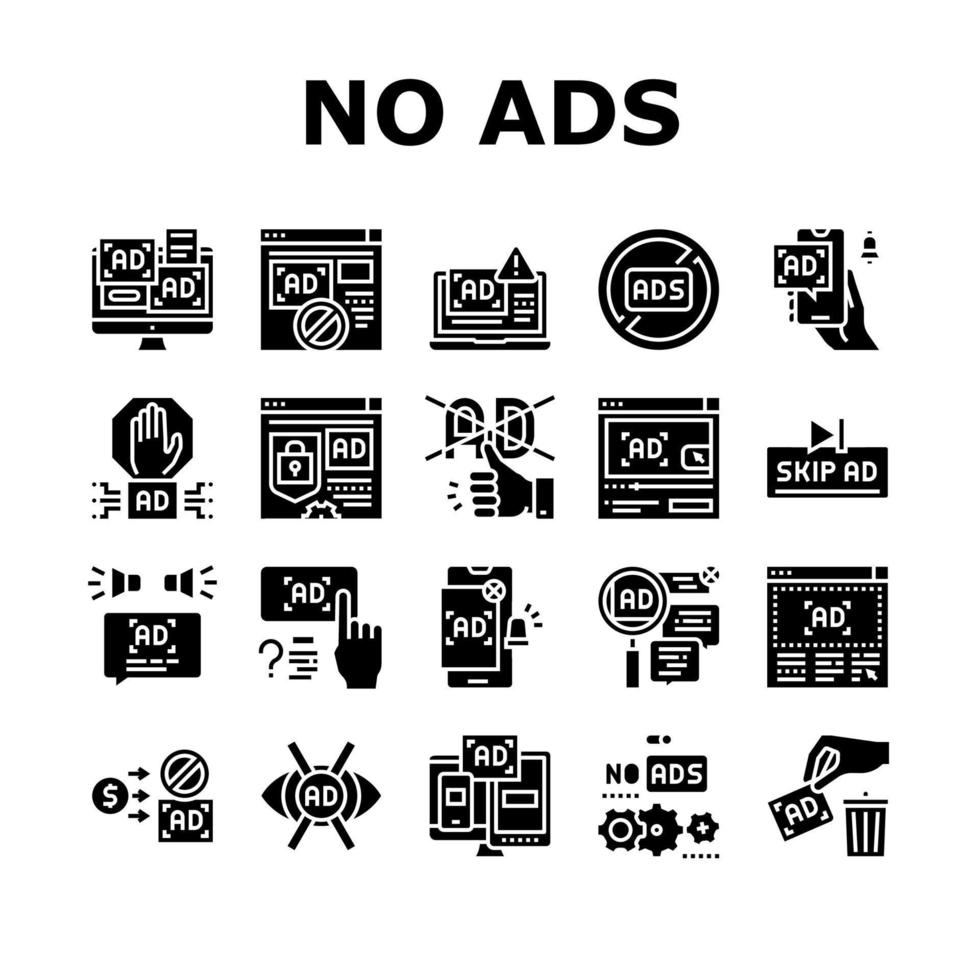 inga annonser annonsera gratis samling ikoner set vektor