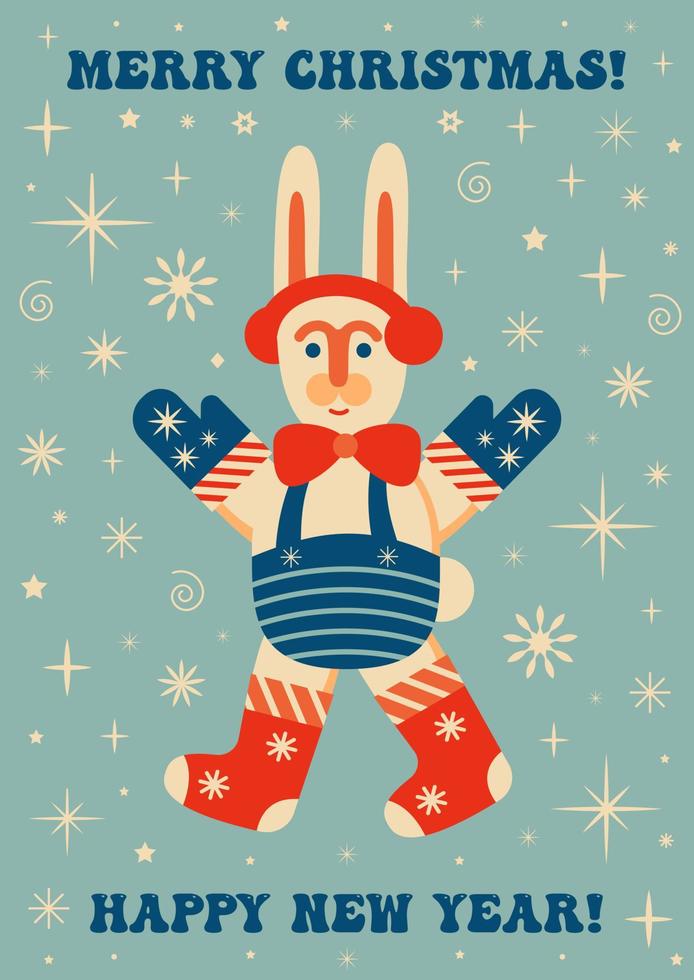 retro vintage julkort med kanin. vektor illustration