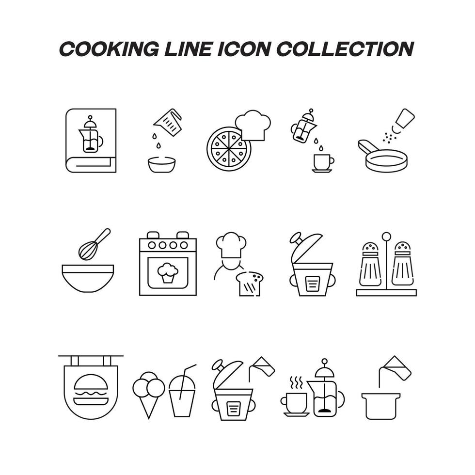 matlagning, mat och kök koncept. samling av moderna konturer monokroma ikoner i platt stil. linje ikonuppsättning av köksredskap, matlagningsanordningar och föremål relaterade till hushåll vektor