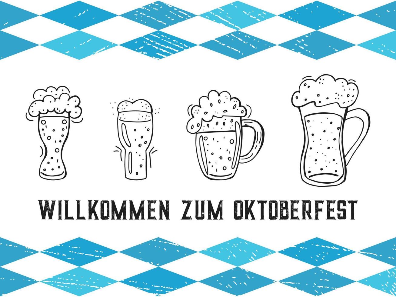 oktoberfest 2022 - bierfest. handgezeichneter satz von gekritzelelementen. deutscher traditioneller feiertag. Umriss Glasbierkrüge mit Schriftzug und blauen Rauten auf weißem Hintergrund. vektor