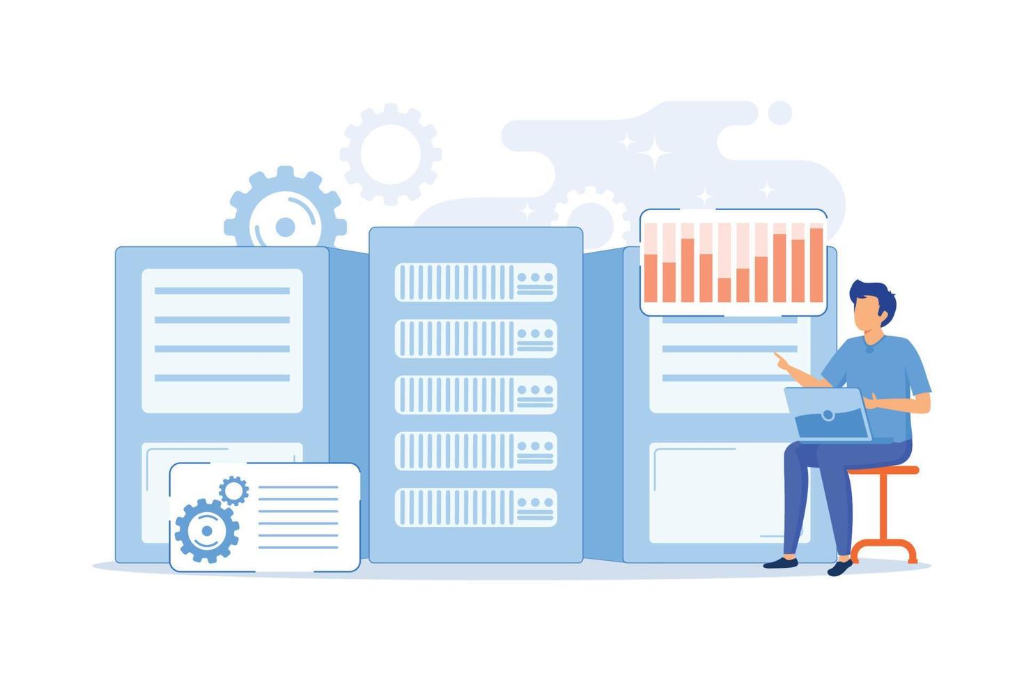 datavetare, dataanalysansvarig, databasutvecklare och administratör som arbetar. big data jobb, databasutvecklare, karriärer inom big data koncept. vektor illustration