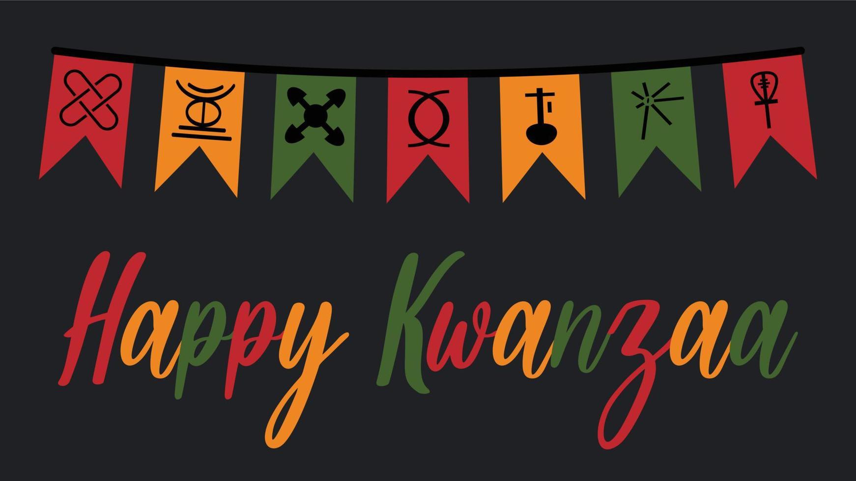 glad kwanzaa banderoll med söta festliga flaggor bunting med sju principer för kwanzaa symboler ikon - afrikansk-amerikansk firande i usa. vektor illustration med text bokstäver i afrikanska färger