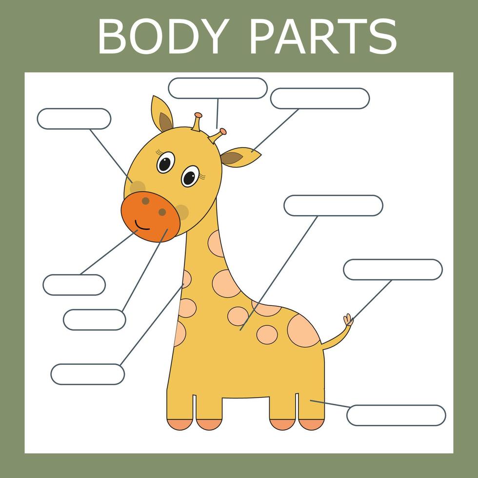 skriv ner giraffens kroppsdelar. pedagogiskt spel för barn. vektor