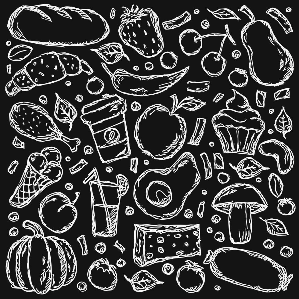 Reihe von Symbolen zum Thema Essen. Lebensmittelvektor. Gekritzelvektor mit schwarzen und weißen Lebensmittelsymbolen. kostenloser Vektor