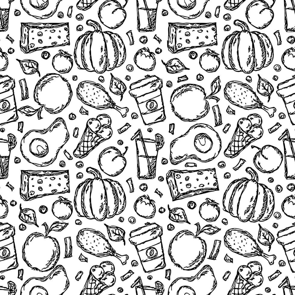 uppsättning ikoner på temat mat. mat vektor. doodle vektor med svarta och vita mat ikoner. matmönster. gratis vektor